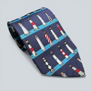 Alynn Neckwear Mens Silk Tie Lighthouse Row Eric Holch Nautical Navy Blue USA